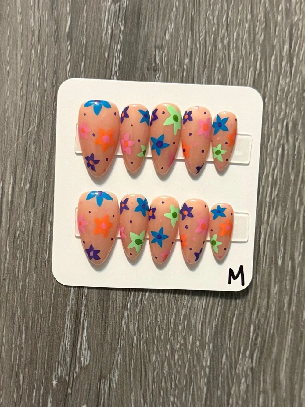 Peach Floral Press-On Nail Set with Multicolor Flowers